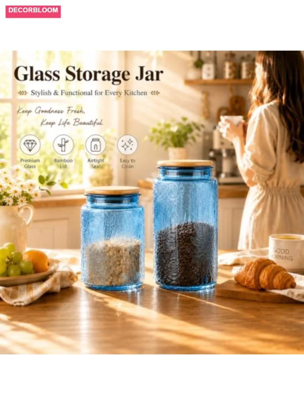 35oz Glass Storage Jar with Airtight Bamboo Lid, Food Canister for Pantry